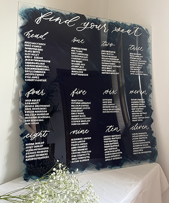 Navy and acrylic wedding seating chart with white lettering.